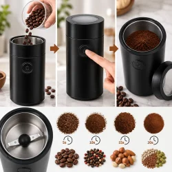 Elektrisk kaffekv�rn demonstreret med kaffeb�nner, betjeningsknap og forskellige formalingsgrader.