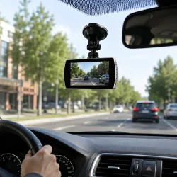 Kamera til bil monteret i forruden under k�rsel med livevisning p� sk�rm og moderne dashboard milj�