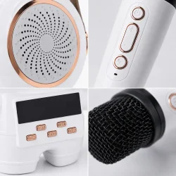 Karaoke mikrofon og h�jtaler med detaljer af knapper, lydgitter og kontrolpanel