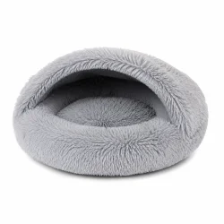 Fluffy kattehule fra Purlov i gr� plys med tryg huleeffekt og bl�d vaskbar seng til katte og sm� hunde