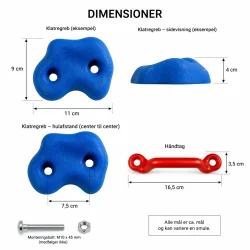 Klatregreb 15 stk med m�l og dimensioner vist p� teknisk tegning