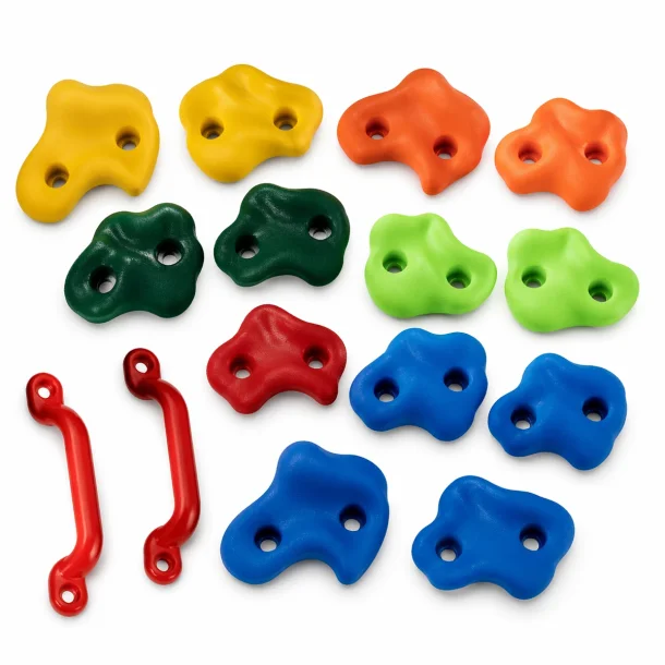 Klatregreb 15 stk farverige til b�rns klatrev�g p� hvid baggrund med alle greb samlet
