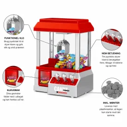 Mini klomaskine med joystick, slikudbakke og klo &ndash; infografik med produktets vigtigste funktioner.