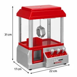 R�d og s�lvfarvet klomaskine med angivne m�l p� 31 cm i h�jden, 22 cm i bredden og 17 cm i dybden.