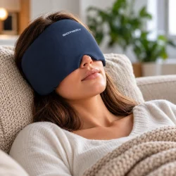 K�lemaske med hydrogel b�ret over pande og �jne af en person, der slapper af i en sofa.