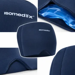 Detaljer af den m�rkebl� k�lemaske med logo, overflade, syninger og udformning omkring n�sen.