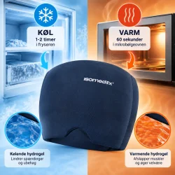 K�lemaske med hydrogel illustreret med anvendelse til b�de kulde og varme omkring hovedet.