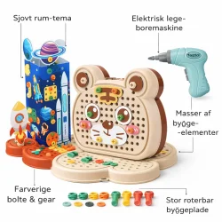 Konstruktionsleget�j med boremaskine byggeplade infografik med funktioner og dele