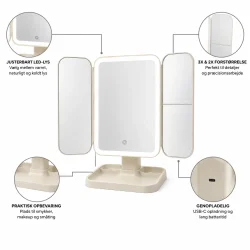 Kosmetikspejl med lys infografik der fremh�ver LED-belysning, forst�rrelse, USB-C opladning og opbevaring