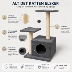 Gr�t kradsetr� med sisalstolper, to platforme, kattehule og h�ngende legebold