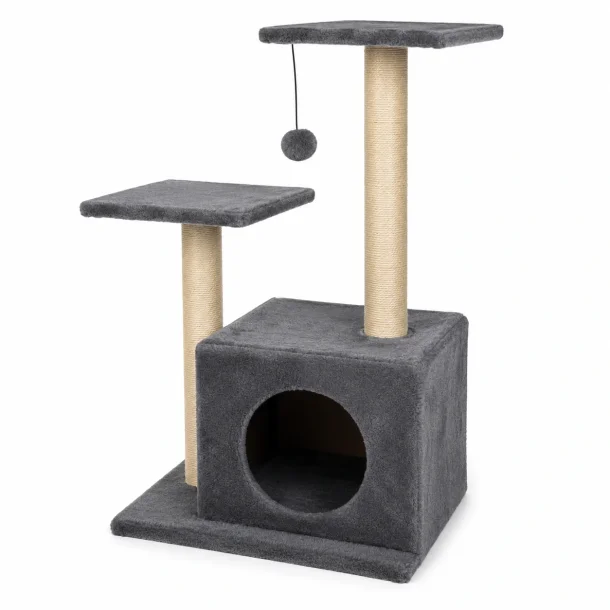 Gr�t kradsetr� til kat med hule, sisalbekl�dte stolper, to platforme og h�ngende legebold
