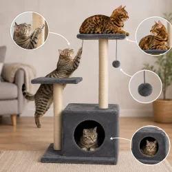 Gr�t kradsetr� med katte, der bruger kradsestolpe, platform, hule og h�ngende legebold