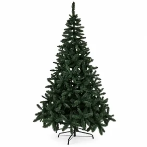 Kunstigt juletr� p� 210 cm med gr�nne grene og sort metalfod.