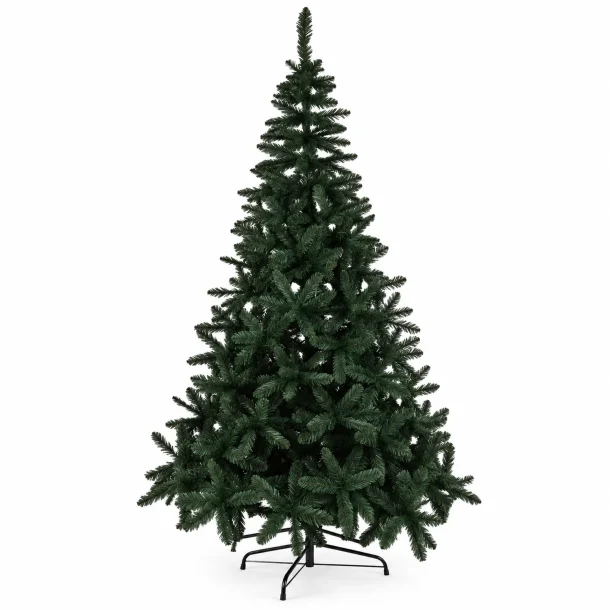 Kunstigt juletr� p� 210 cm med gr�nne grene og sort metalfod.