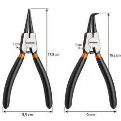 Lige l�seringstang p� 17,5 cm og buet l�seringstang p� 16,2 cm med angivne bredder og tykkelser.