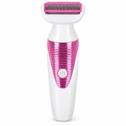 Ladyshaver i hvid og pink med bredt barberhoved og tydelig t�nd/sluk-knap.