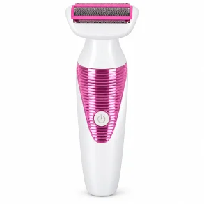 Ladyshaver i hvid og pink med bredt barberhoved og tydelig t�nd/sluk-knap.