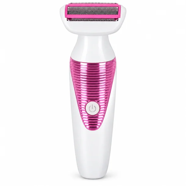 Ladyshaver i hvid og pink med bredt barberhoved og tydelig t�nd/sluk-knap.