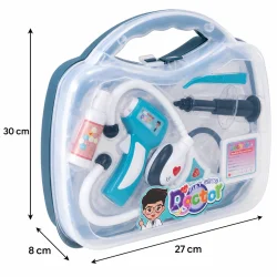 L�gekuffert til b�rn med m�l p� 30 � 27 � 8 cm og synligt l�geudstyr gennem den transparente front