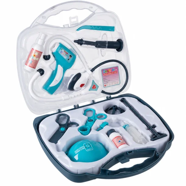 L�ges�t til b�rn i �ben l�gekuffert med stetoskop, termometer, spr�jte og tilbeh�r