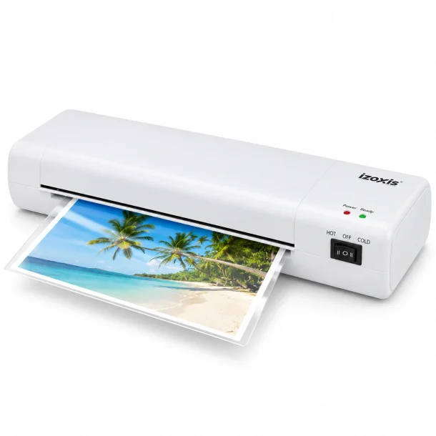 Hvid A4-lamineringsmaskine med et lamineret strandfoto f�rt gennem maskinen.