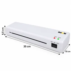 A4-lamineringsmaskine med angivne m�l p� 35 cm i l�ngden, 10 cm i dybden og 6,5 cm i h�jden.