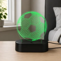 Lampe til b�rnev�relse med fodboldmotiv og 3D LED-belysning placeret p� bord i moderne v�relse