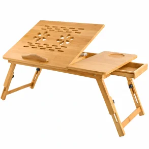 Justerbart laptopbord i bambus med h�ldbar bordplade, foldbare ben, kopholder og skuffe.