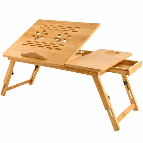 Justerbart laptopbord i bambus med h�ldbar bordplade, foldbare ben, kopholder og skuffe.