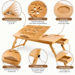 Laptopbord med justerbar h�ldning, ventilation, kopholder, st�tte, foldbare ben og skuffe.