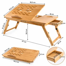 Laptopbord med angivne m�l p� 67 cm i l�ngden, 28 cm i bredden og op til 26,5 cm i h�jden.