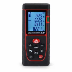Laser afstandsm�ler 40M med digitalt display og indbygget vaterpas p� hvid baggrund