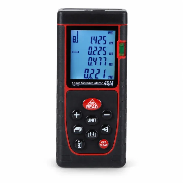 Laser afstandsm�ler 40M med digitalt display og indbygget vaterpas p� hvid baggrund