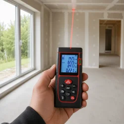Laser m�ler i brug til pr�cis opm�ling af rum under byggeri og renovering