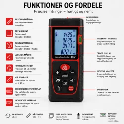 Digital laserafstandsm�ler med oversigt over betjening, display, laserudgang og indbygget vaterpas