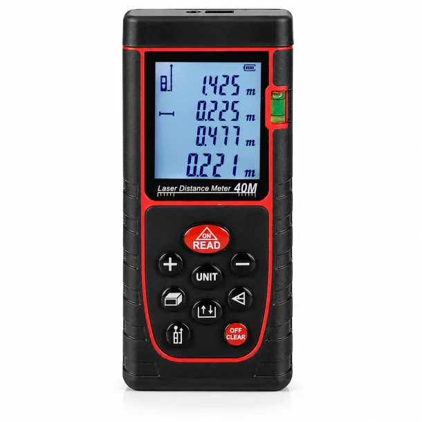 Sort og r�d digital laserafstandsm�ler med LCD-display, betjeningsknapper og indbygget vaterpas