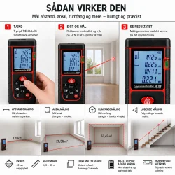 Laserafstandsm�ler vist i brug med afstandsm�ling og afl�sning af m�leresultat p� display