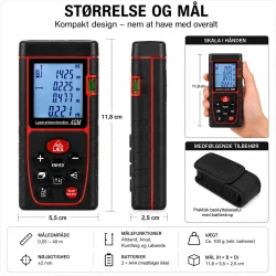Laserafstandsm�ler med viste m�l p� 11,8 � 5,5 � 2,5 cm og medf�lgende etui