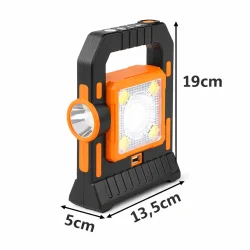 LED arbejdslampe genopladelig med solcelle med m�l og dimensioner vist grafisk