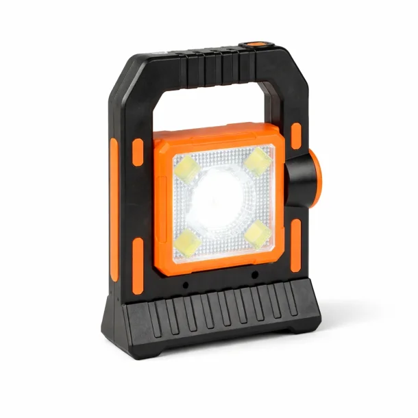 LED arbejdslampe genopladelig med solcelle p� hvid baggrund med h�ndtag og kraftigt lys