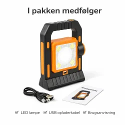 LED arbejdslampe genopladelig med solcelle med tilbeh�r og indhold i pakken