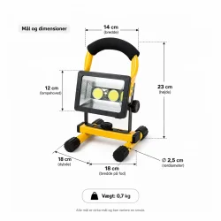 LED arbejdslampe 60W genopladelig med stativ m�l og dimensioner