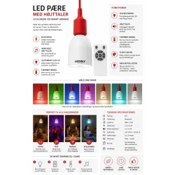 LED p�re med h�jttaler infografik med funktioner og specifikationer