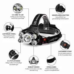 Genopladelig pandelampe med 5 x Cree T6 LED feature infografik med funktioner