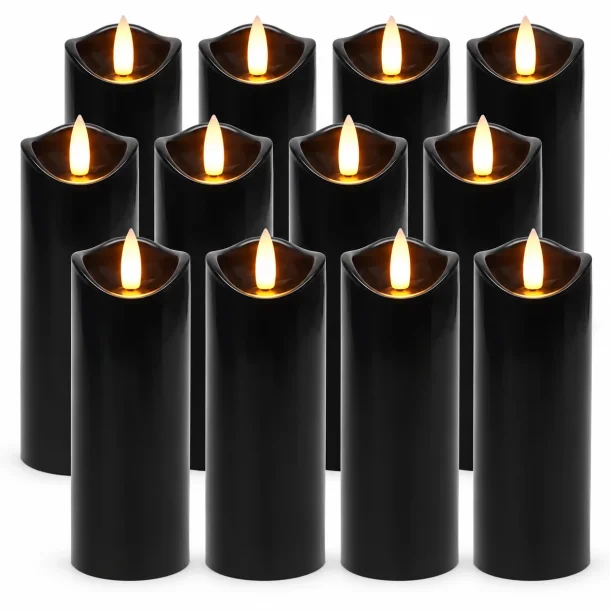 12 sorte LED stearinlys med varm hvid flammeeffekt samlet p� hvid baggrund