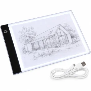 LED tegneplade med lys i A4-format og USB-kabel p� hvid baggrund