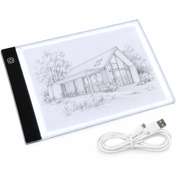 LED tegneplade med lys i A4-format og USB-kabel p� hvid baggrund