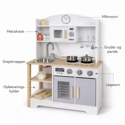 Legek�kken i tr� med ovn, vask og tilbeh�r funktioner og opbygning