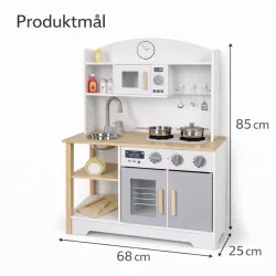 Legek�kken i tr� med ovn, vask og tilbeh�r m�l og dimensioner