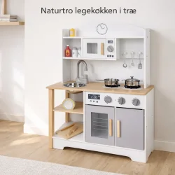 Legek�kken i tr� med ovn, vask og tilbeh�r i hjemmemilj�